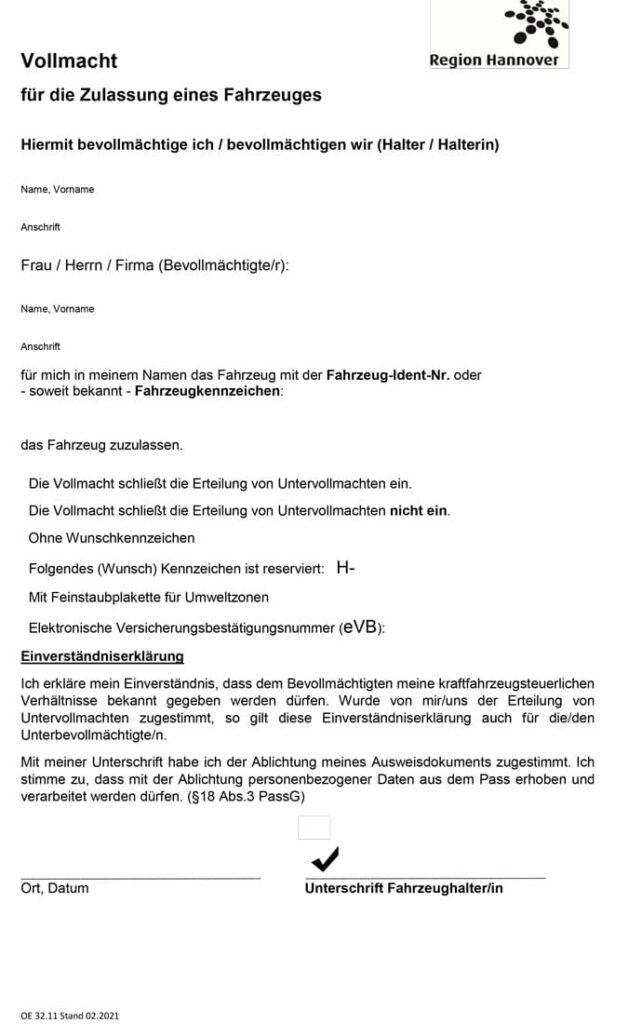 Vordruck Vollmacht Zur Kfz Zulassung Dokumente für Kfz-Zulassung - Sofortzulassung Hannover